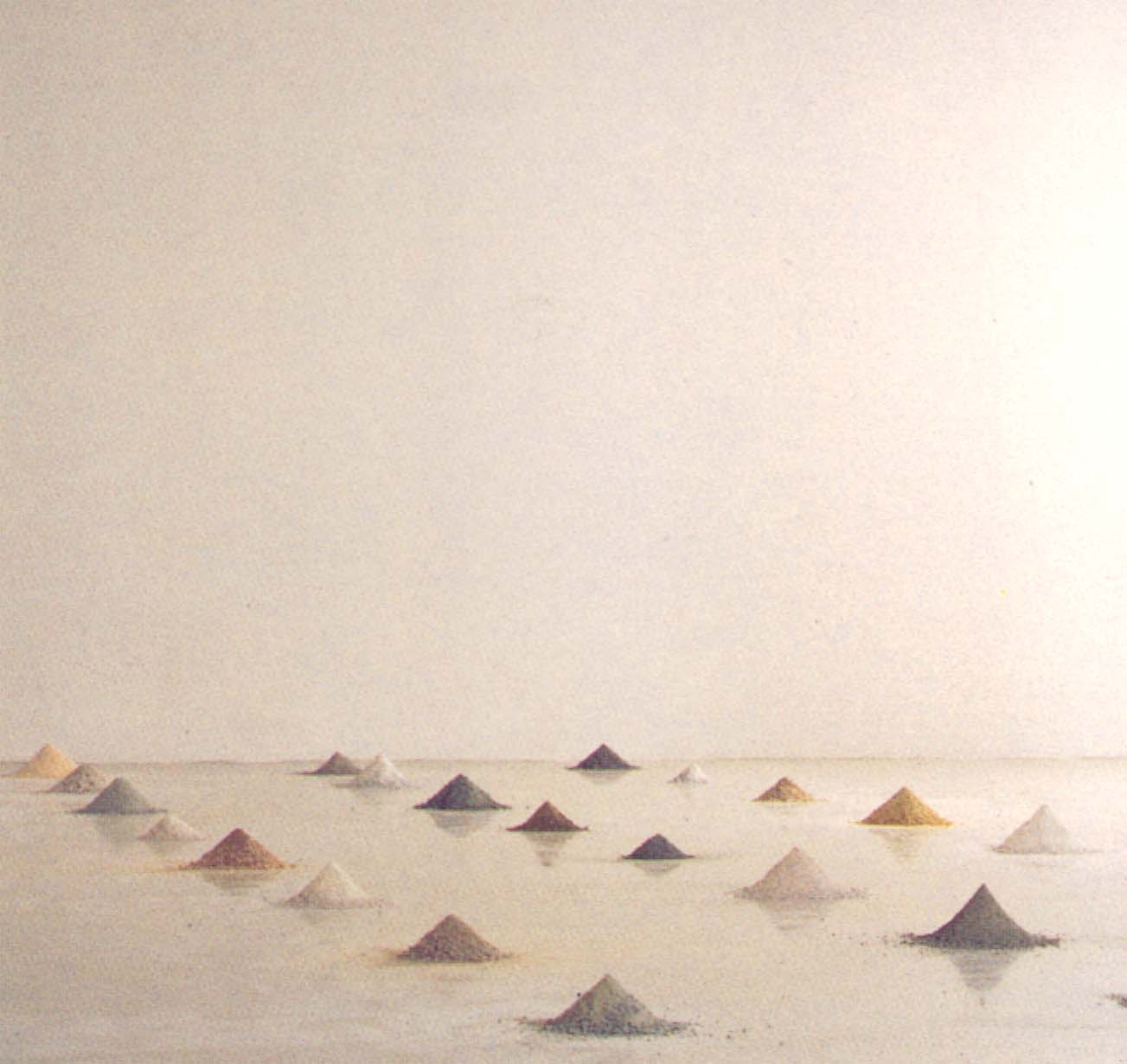 Dust from the original Alpine summit stones presented as small mountains in 36 Alpine Summits — A Demontage