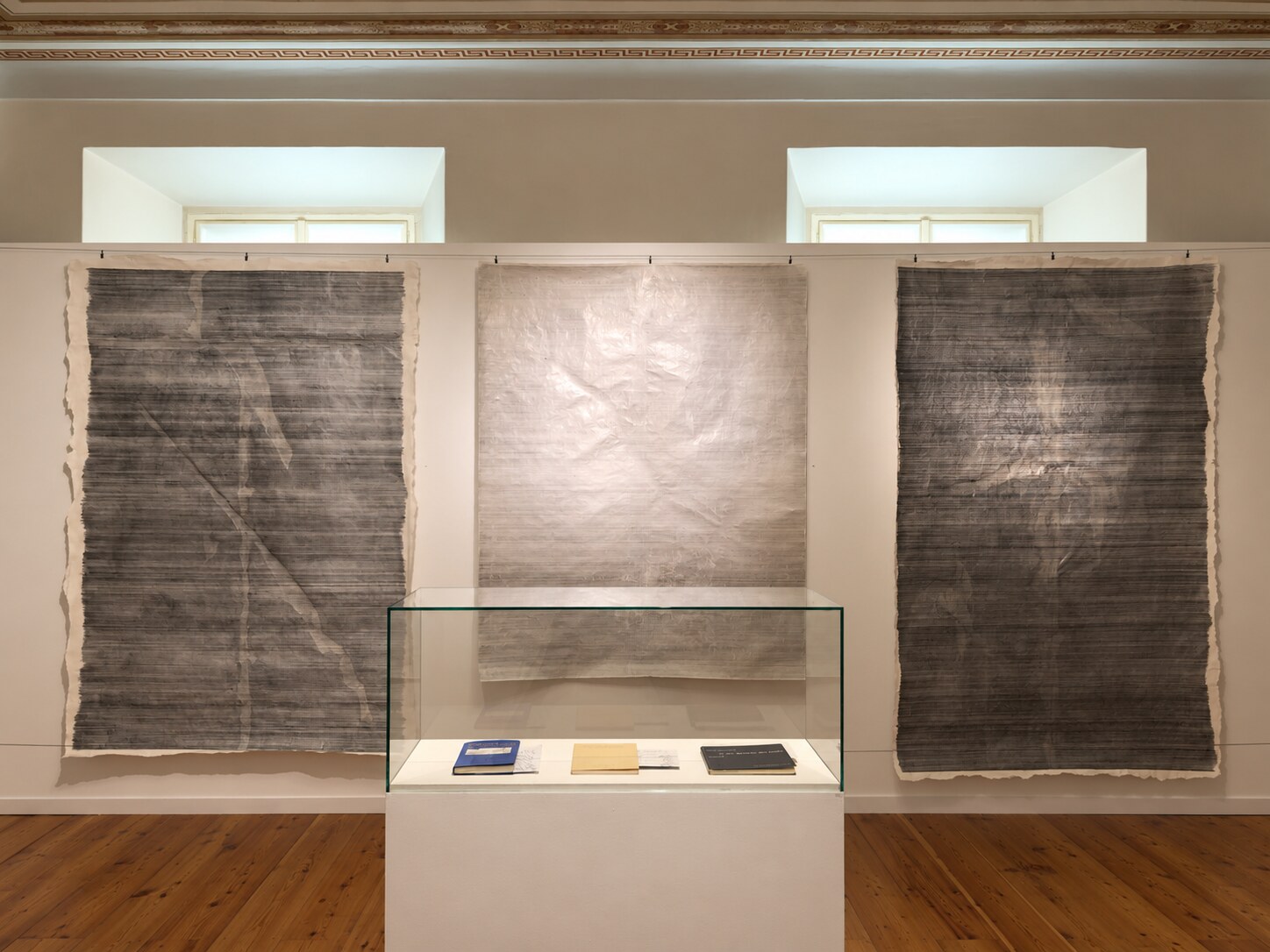 Installation view of Literary Frottage works in ZEICHEN WORTE KÖRPER at Kulturschloss Reichenau