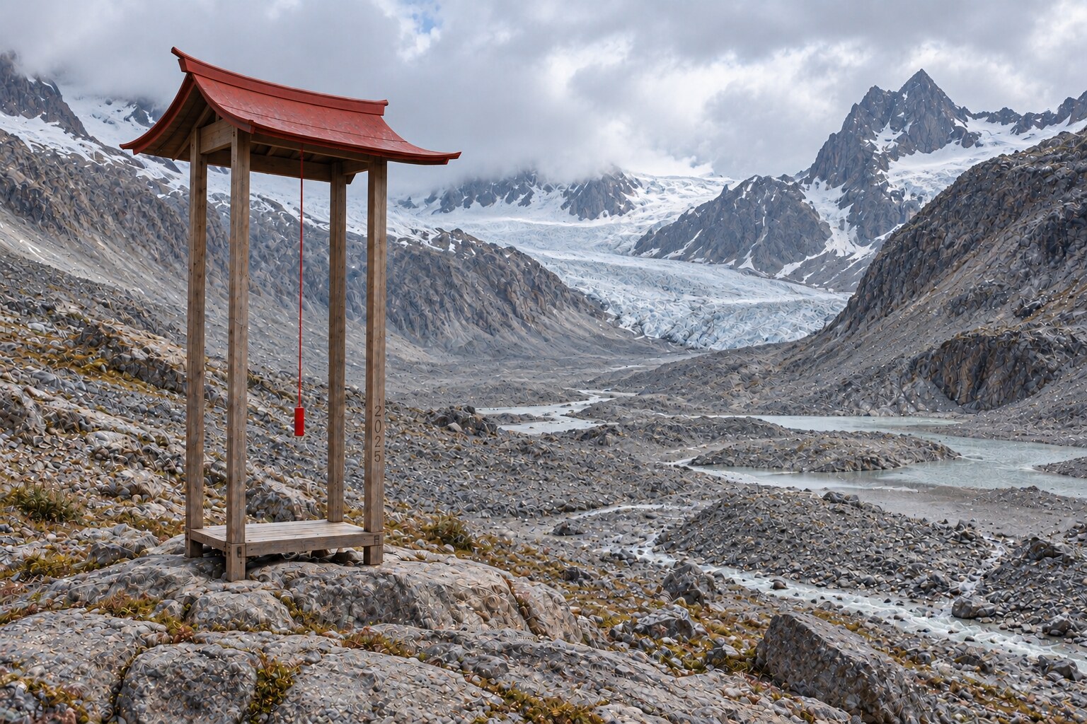 The Weight of Absence project visualisation in a glacier forefield